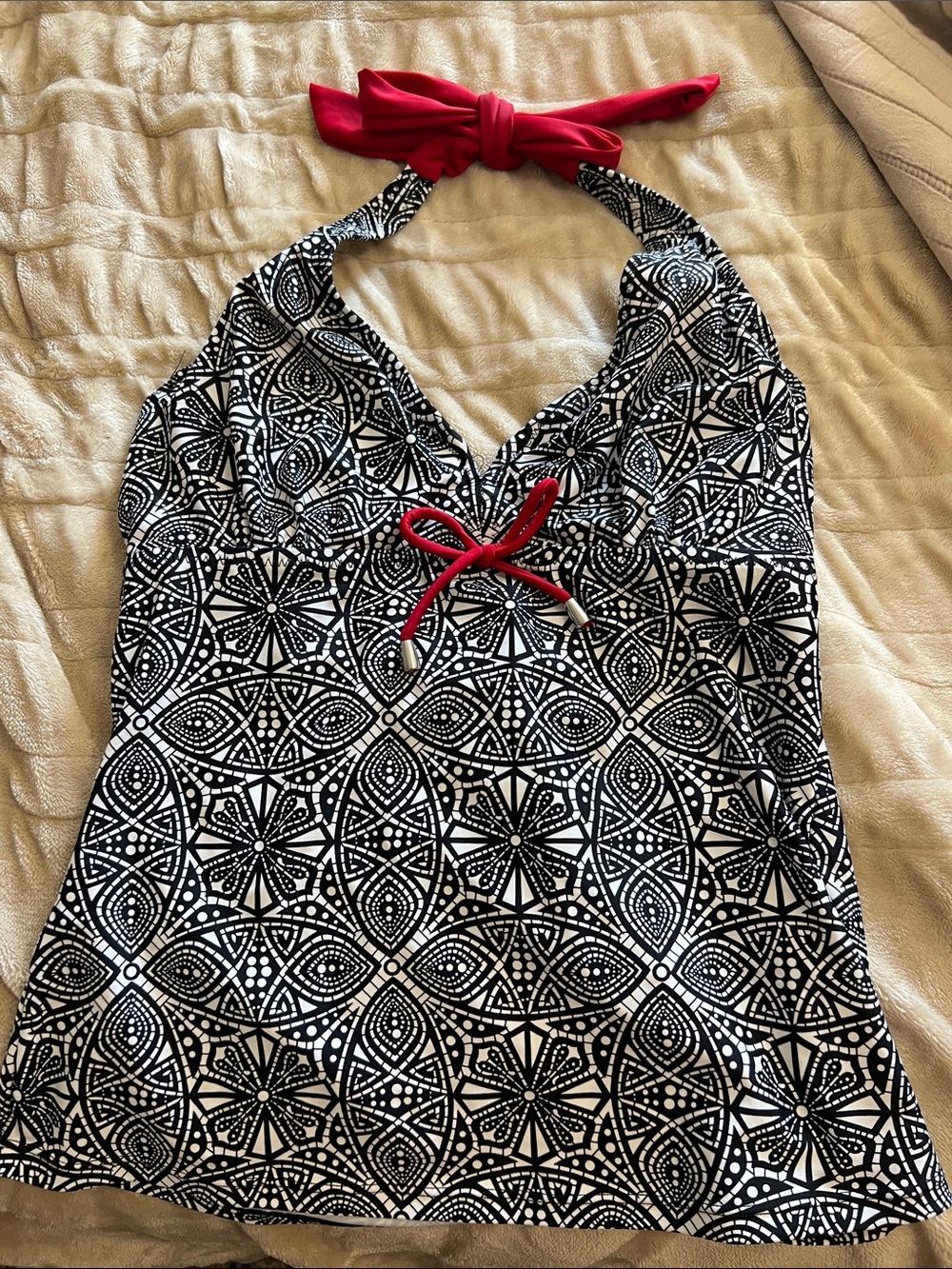 Black & White Geometric Halter Tankini Top with Red Ties